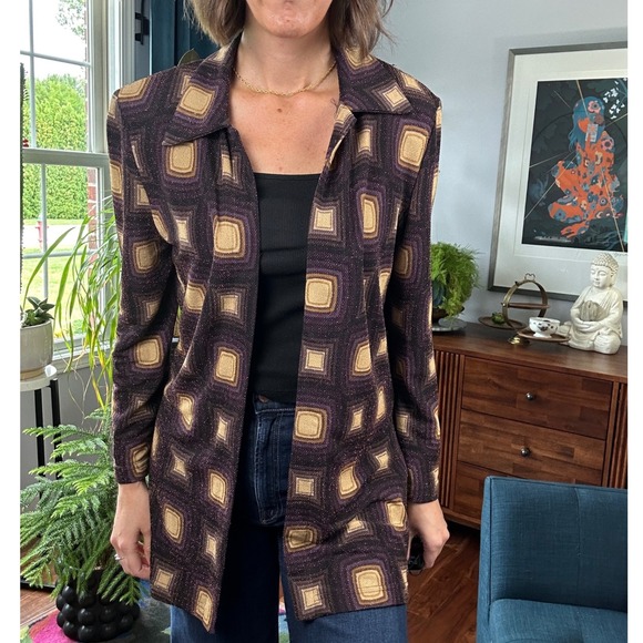 Vintage 90s Joseph Ribkoff Longline Geometric Jacket Retro Mod Print Sparkle L - Picture 3 of 4